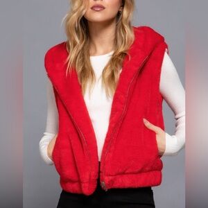 Red Zip Down Hoodie Faux Fur Vest